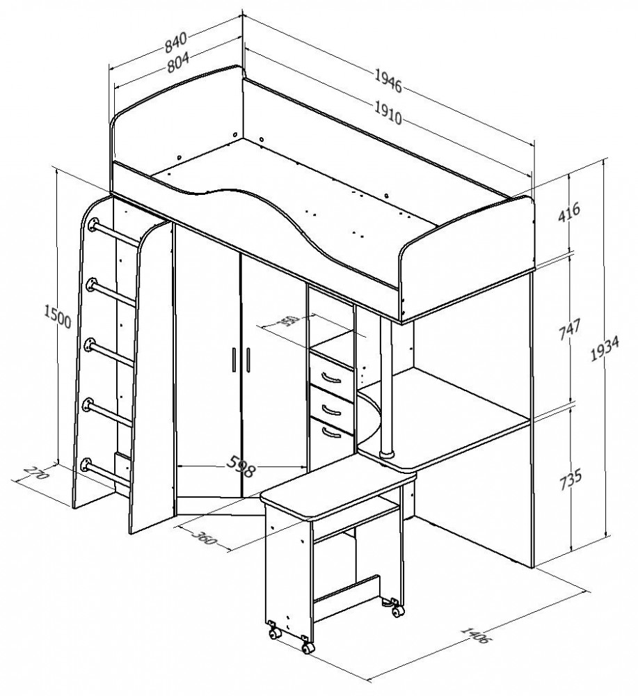 Кровать чердак с рабочей зоной и шкафом схема сборки
