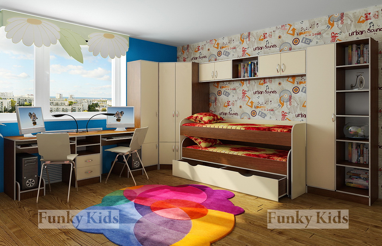 Двухъярусная кровать для детей со столом и шкафом для двоих